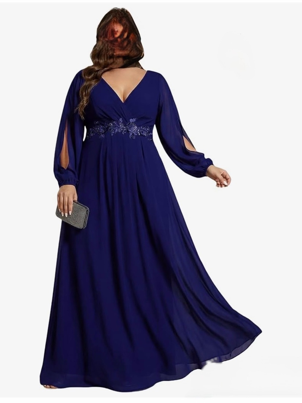 Plus Size Navy V-Neck Evening Gown with Embellished Waist - Picture 1 of 4